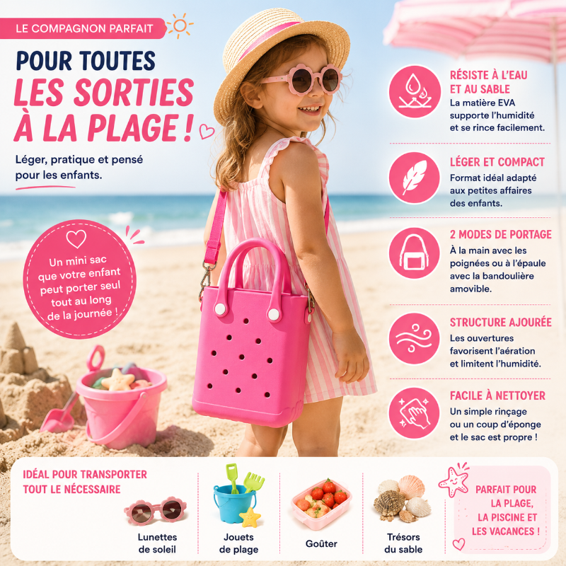 Enfant portant le sac de plage enfant rose lors d’une journée à la plage avec jouets, goûter et accessoires de vacances.
