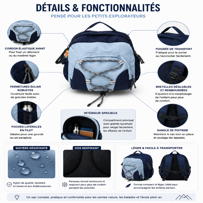 Détails et fonctionnalités du sac à dos de randonnée enfant bleu avec poches filet, bretelles réglables et intérieur spacieux.