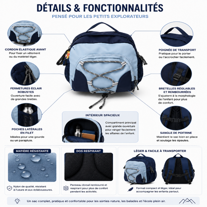 Détails et fonctionnalités du sac à dos de randonnée enfant bleu avec poches filet, bretelles réglables et intérieur spacieux.