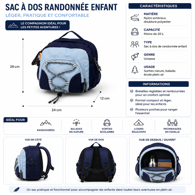 Infographie des caractéristiques et dimensions du sac à dos de randonnée enfant bleu clair et bleu foncé.