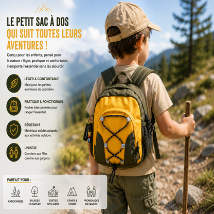Enfant portant un sac à dos de randonnée jaune et kaki lors d’une randonnée en montagne.