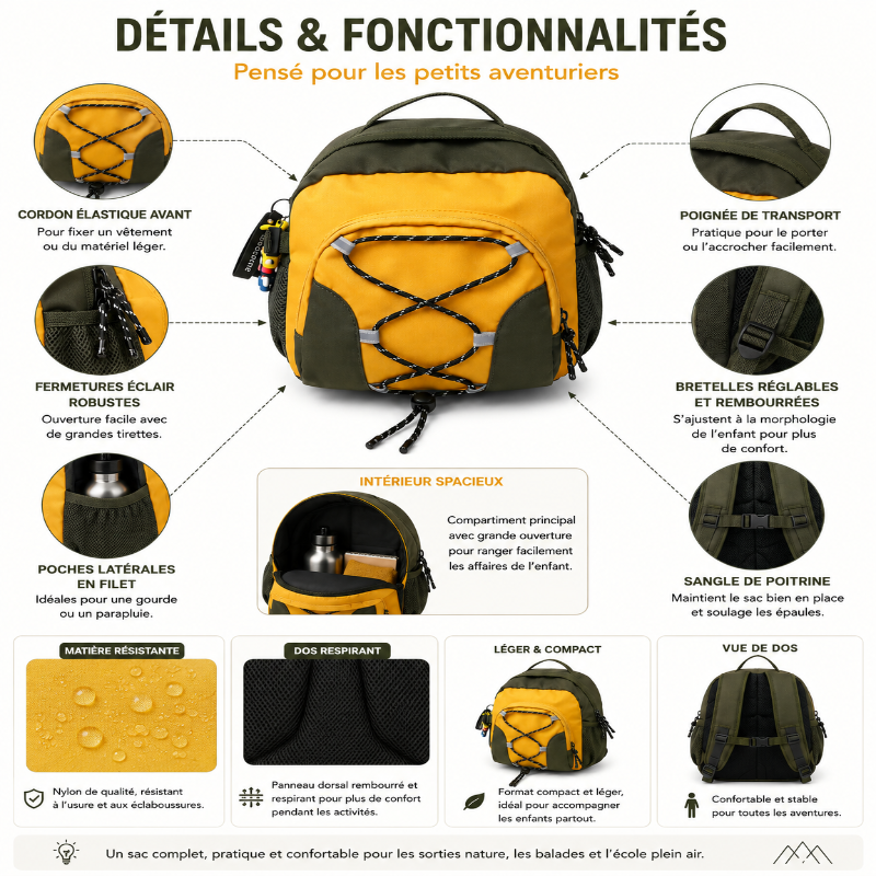 Détails et fonctionnalités du sac à dos de randonnée enfant jaune avec poches filet, bretelles réglables et intérieur spacieux.