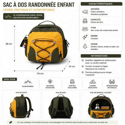 Infographie des caractéristiques et dimensions du sac à dos de randonnée enfant jaune et kaki.