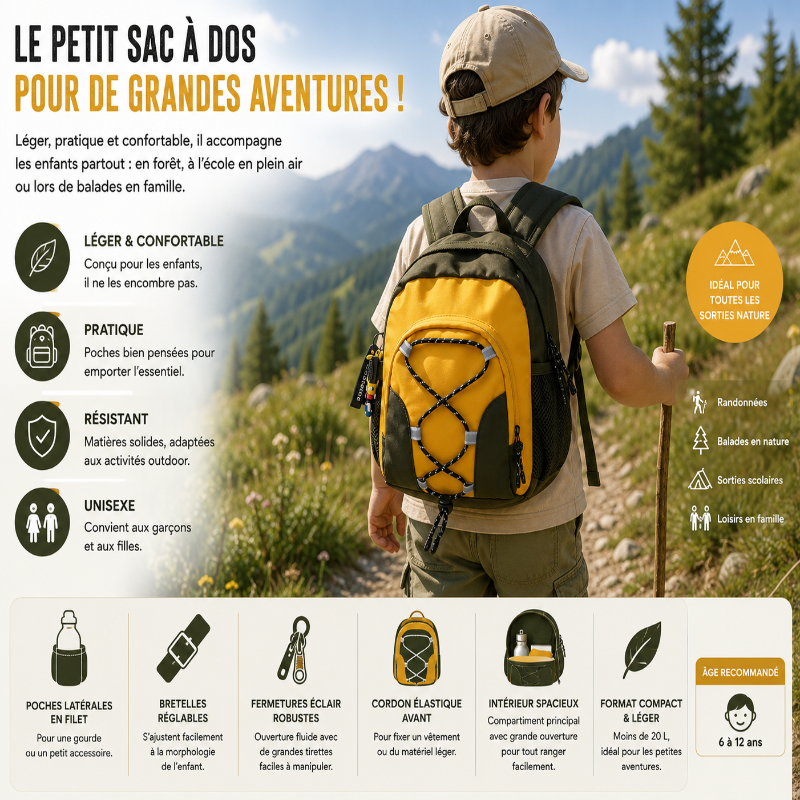 Enfant portant un sac à dos de randonnée jaune lors d’une balade en montagne avec présentation des avantages du sac.