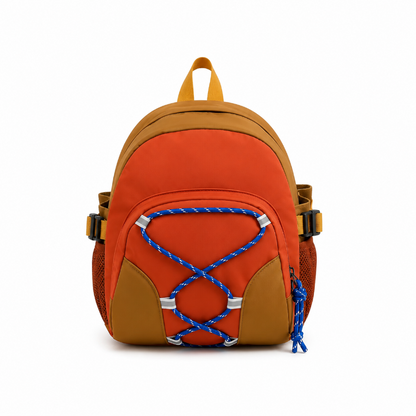 Sac à dos de randonnée enfant rouge et camel avec cordon avant bleu 