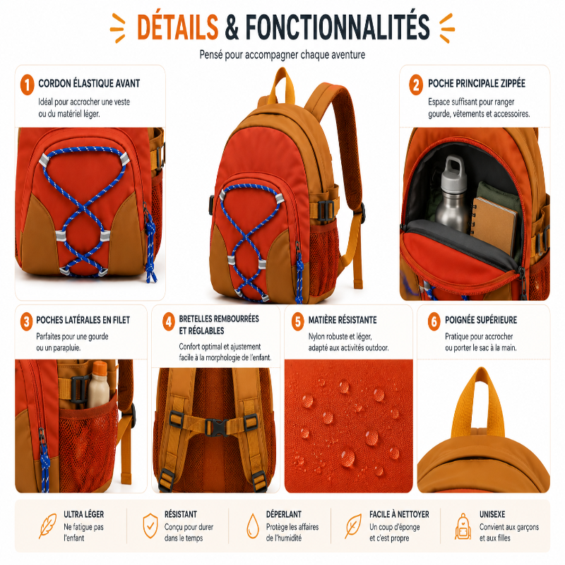 Détails et fonctionnalités du sac à dos de randonnée enfant rouge avec poches, cordon élastique et bretelles réglables.