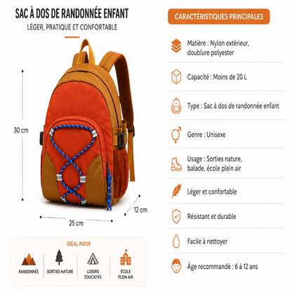 Infographie des caractéristiques et dimensions du sac à dos de randonnée enfant rouge et camel.