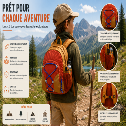 Sac à dos de randonnée enfant rouge porté en montagne avec présentation des fonctionnalités et usages outdoor.