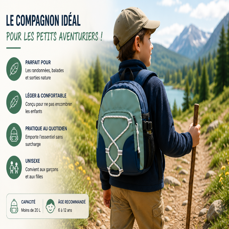 Enfant portant un sac à dos de randonnée vert et bleu lors d’une balade en montagne.