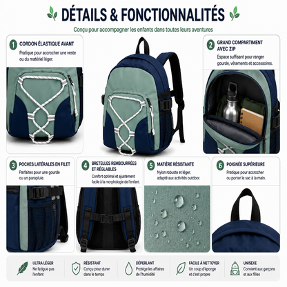 Détails et fonctionnalités du sac à dos de randonnée enfant vert et bleu avec poches, compartiments et bretelles réglables.