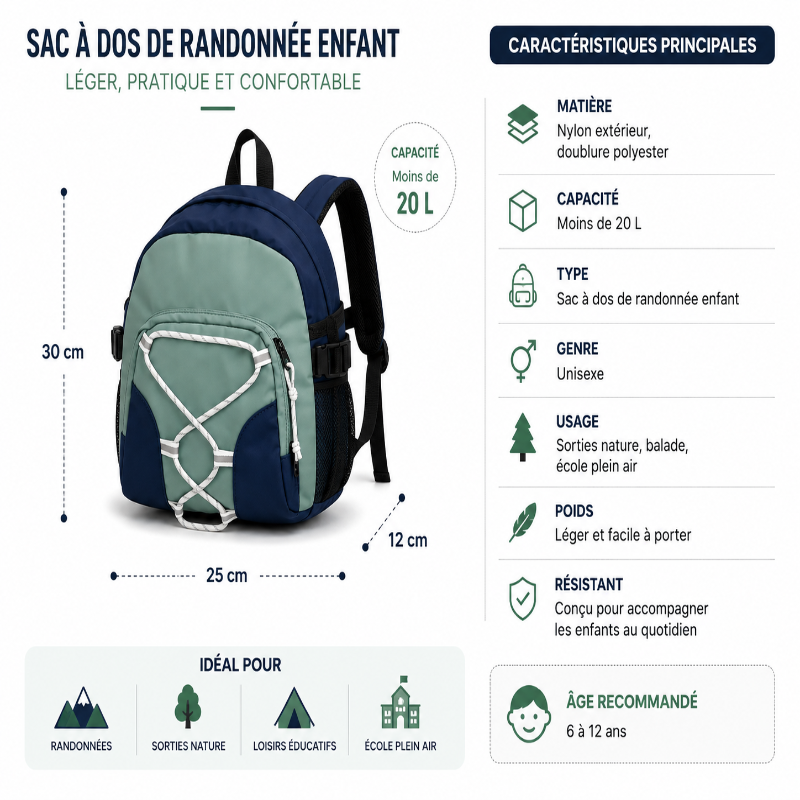Infographie des caractéristiques et dimensions du sac à dos de randonnée enfant vert et bleu.