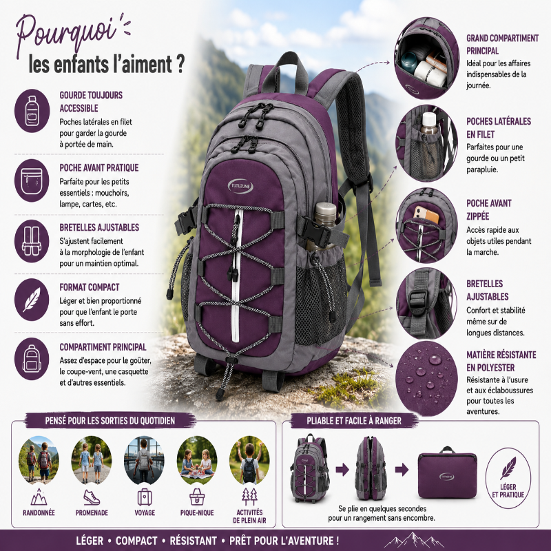 Details et points clés du sac de randonnée enfant violet avec poches latérales et format pliable