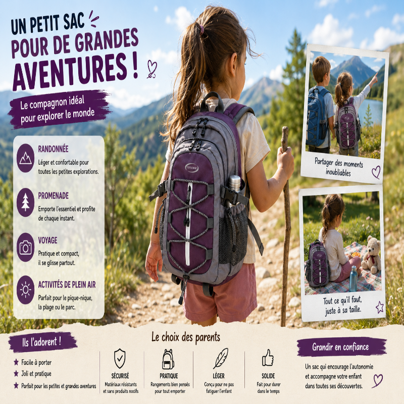 Enfant portant le sac de randonnée enfant violet lors d’une randonnée en montagne