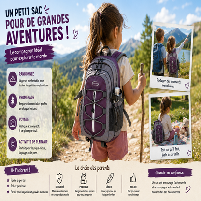 Enfant portant le sac de randonnée enfant violet lors d’une randonnée en montagne