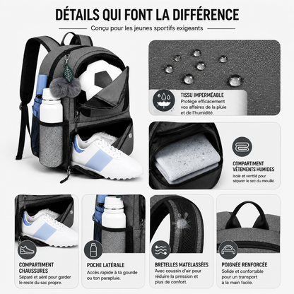 Détails du sac de sport enfant gris avec compartiments chaussures, tissu imperméable et bretelles matelassées.