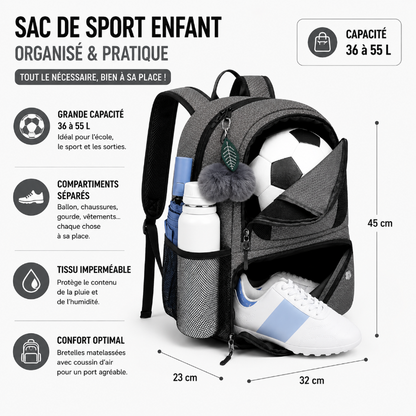 Dimensions et points clés du sac de sport enfant gris avec compartiments séparés et tissu imperméable.