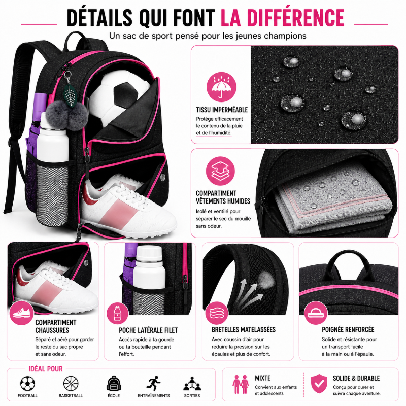 Détails du sac de sport foot enfant noir et rose avec compartiments séparés, tissu imperméable et bretelles confortables.