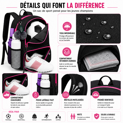 Détails du sac de sport foot enfant noir et rose avec compartiments séparés, tissu imperméable et bretelles confortables.