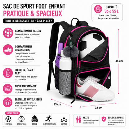 Dimensions et points clés du sac de sport foot enfant noir et rose avec compartiments séparés et grande capacité.