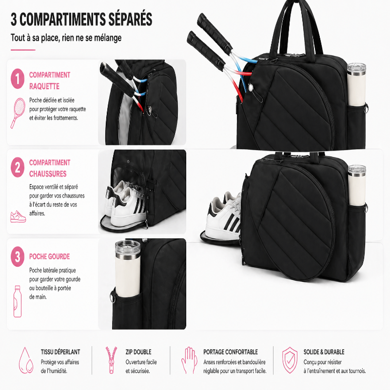 Sac de tennis enfant noir visuel compartiments 