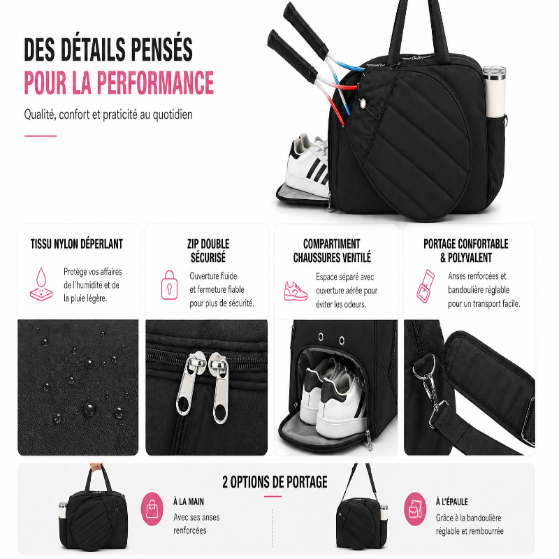 Sac de tennis enfant noir visuel details 