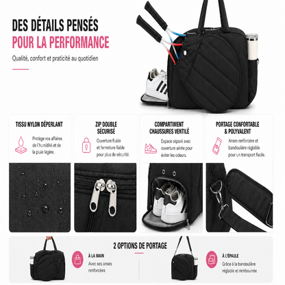 Sac de tennis enfant noir visuel details 