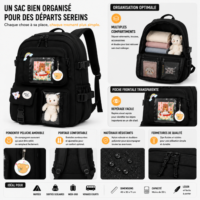 Détails du sac de voyage enfant noir Urban avec compartiments organisés, poche transparente et bretelles confortables.
