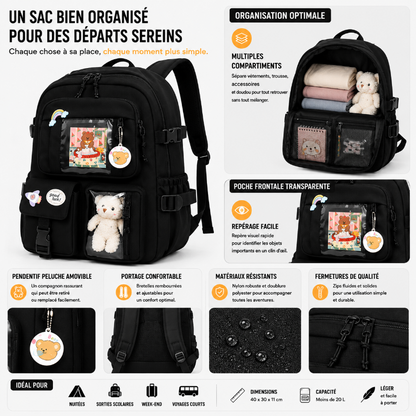 Détails du sac de voyage enfant noir Urban avec compartiments organisés, poche transparente et bretelles confortables.