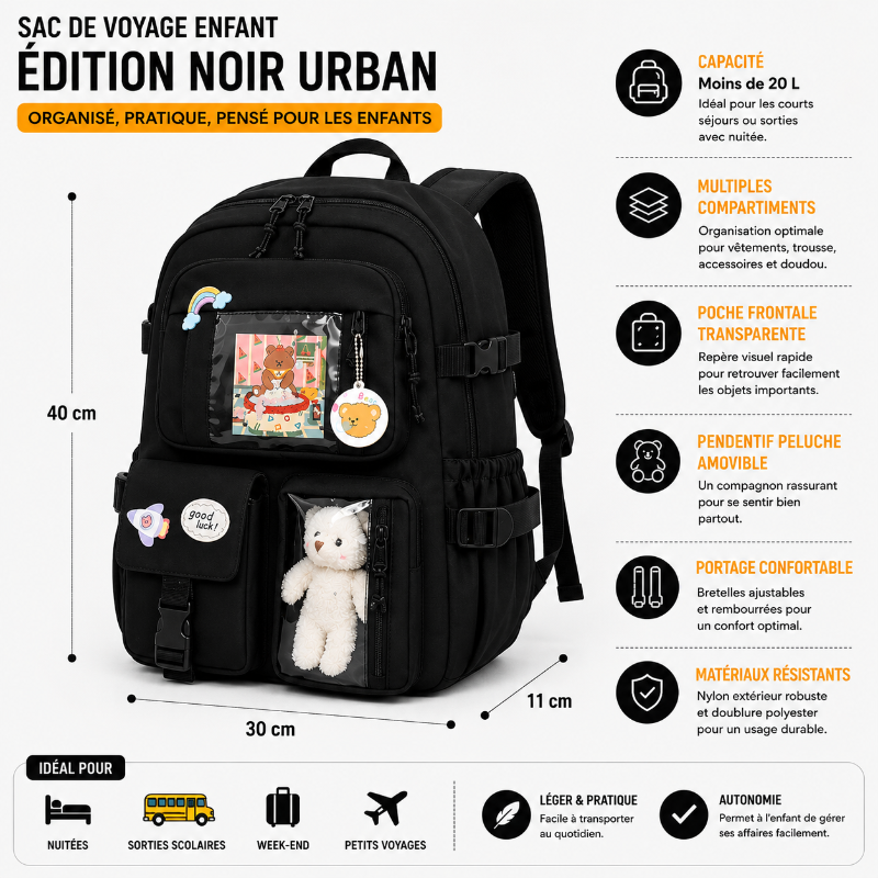 Dimension du sac de voyage enfant noir Urban avec compartiments multiples et poche transparente 