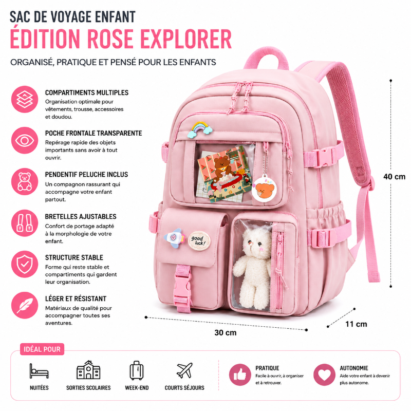 Dimensions et points clés du sac de voyage enfant rose Explorer avec compartiments multiples et poche transparente.