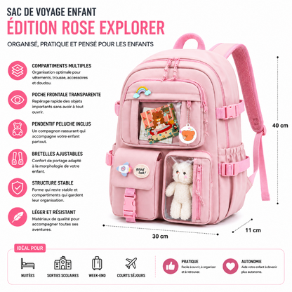 Dimensions et points clés du sac de voyage enfant rose Explorer avec compartiments multiples et poche transparente.