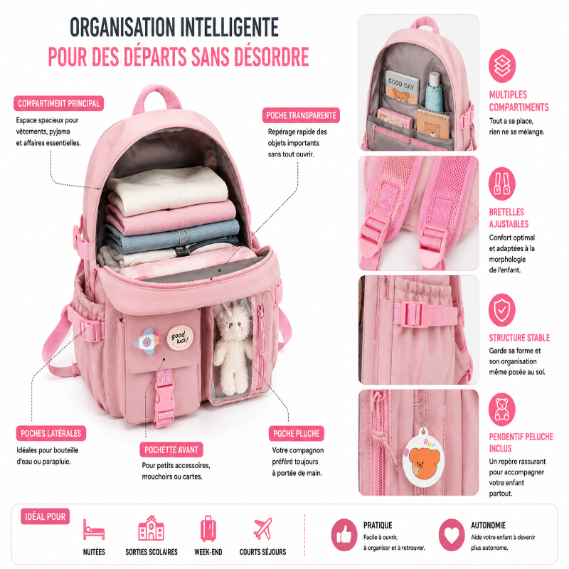 Détails du sac de voyage enfant rose Explorer avec compartiments organisés, bretelles ajustables et poche transparente.