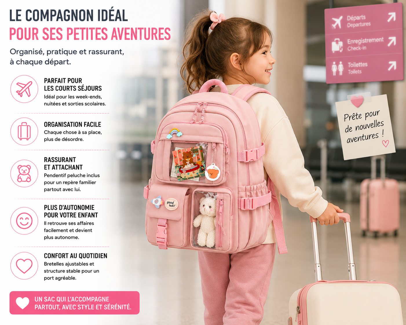 Enfant portant le sac de voyage enfant rose Explorer dans une scène lifestyle de départ en voyage avec valise rose.