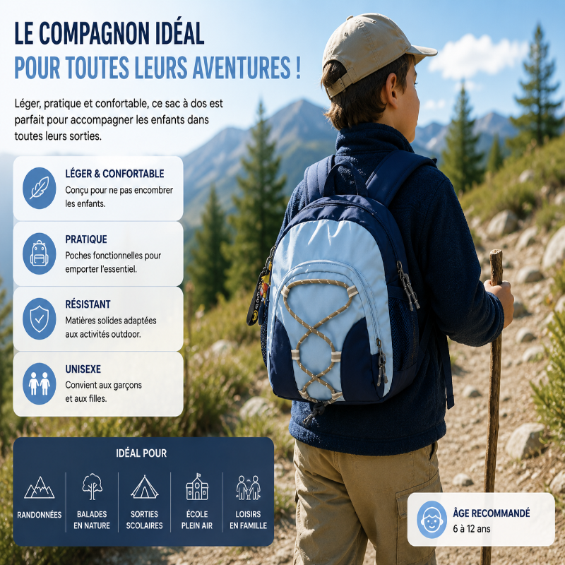 Enfant portant un sac à dos de randonnée bleu lors d’une balade en montagne avec présentation des avantages du sac.