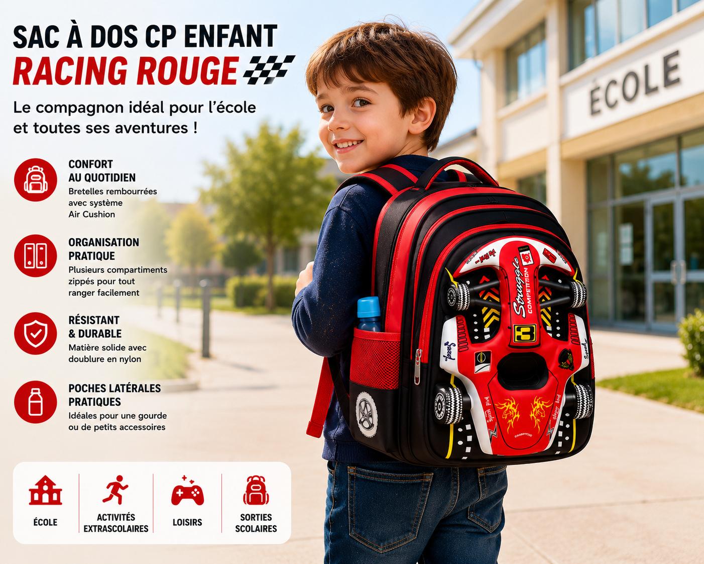 Enfant de CP portant le sac à dos CP enfant Racing Rouge devant son école, illustrant le confort, l’autonomie et le format adapté aux premières années de primaire.