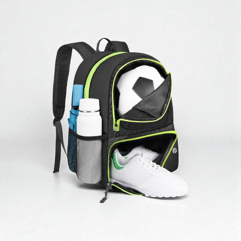 Sac à dos foot enfant noir et vert avec compartiments ballon, chaussures et gourde visuel face 