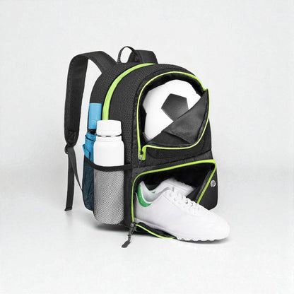 Sac à dos foot enfant noir et vert avec compartiments ballon, chaussures et gourde visuel face 