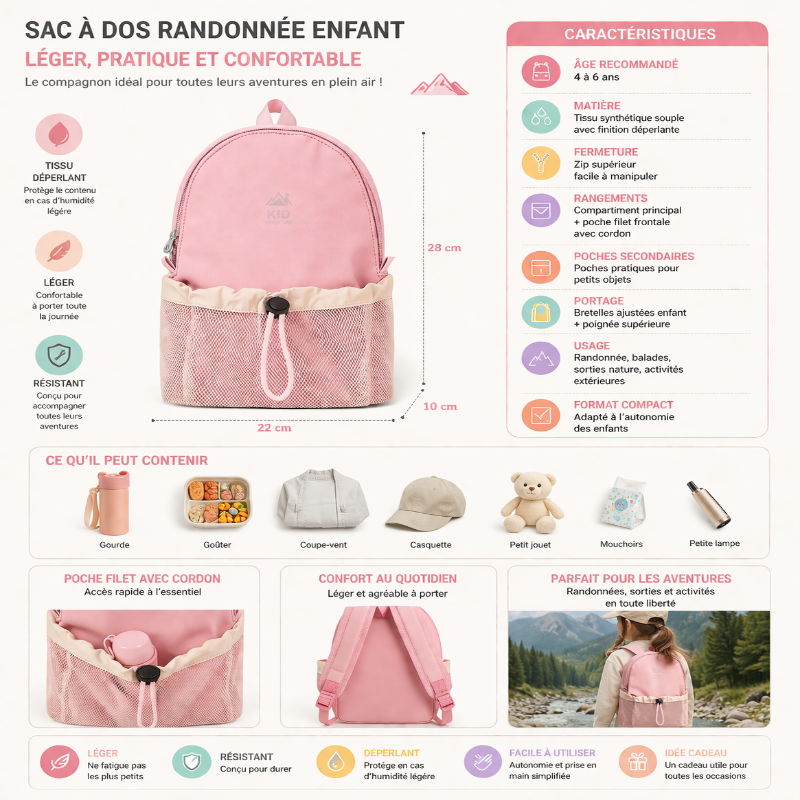 Sac à dos randonnée enfant rose visuel infos