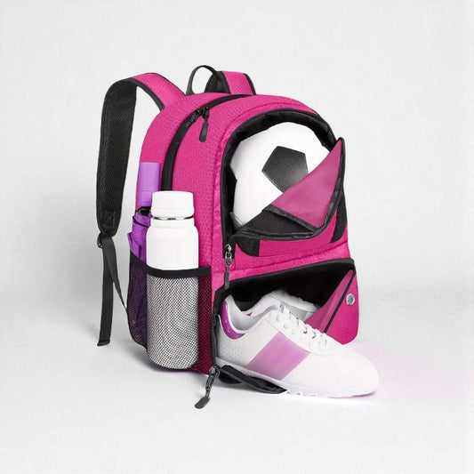 Sac foot enfant rose avec compartiments ballon, chaussures et gourde 