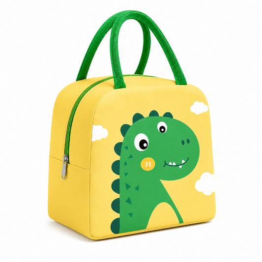 Sac isotherme enfant dinosaure vert et jaune avec poignées vertes