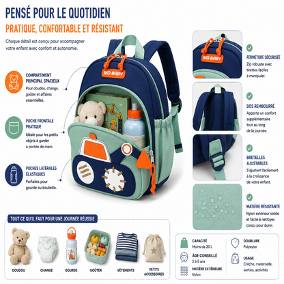 Détails du sac enfant maternelle chantier bleu avec compartiment principal, bretelles ajustables et poches pratiques.
