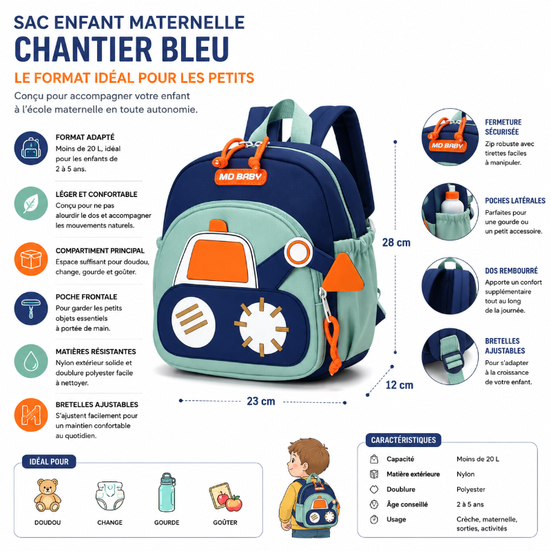 Dimensions et points clés du sac enfant maternelle chantier bleu avec format adapté aux enfants de 2 à 5 ans.