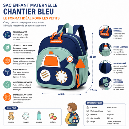 Dimensions et points clés du sac enfant maternelle chantier bleu avec format adapté aux enfants de 2 à 5 ans.