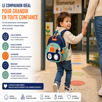 Enfant portant le sac enfant maternelle chantier bleu 
