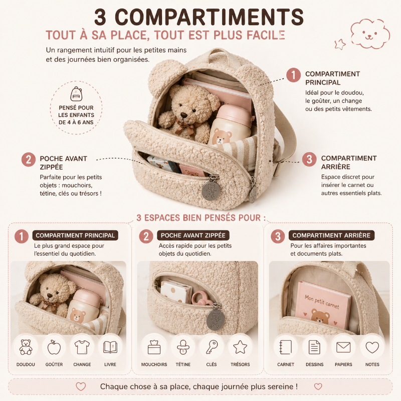 Sac enfant maternelle teddy cloud visuel compartiments 