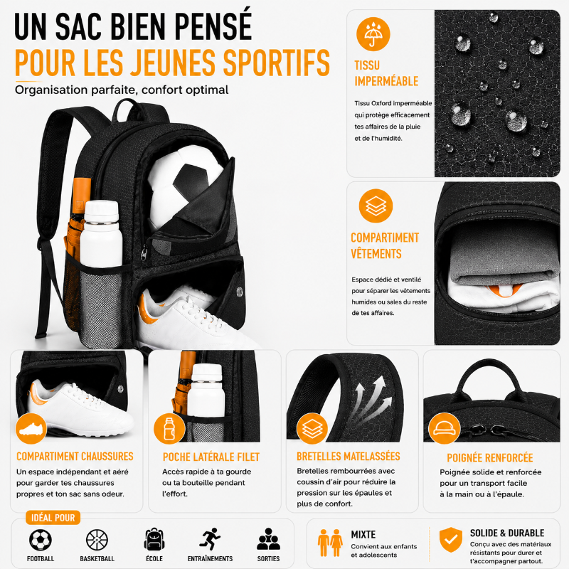  Détails du sac foot enfant noir avec compartiments séparés, tissu imperméable et bretelles confortables.