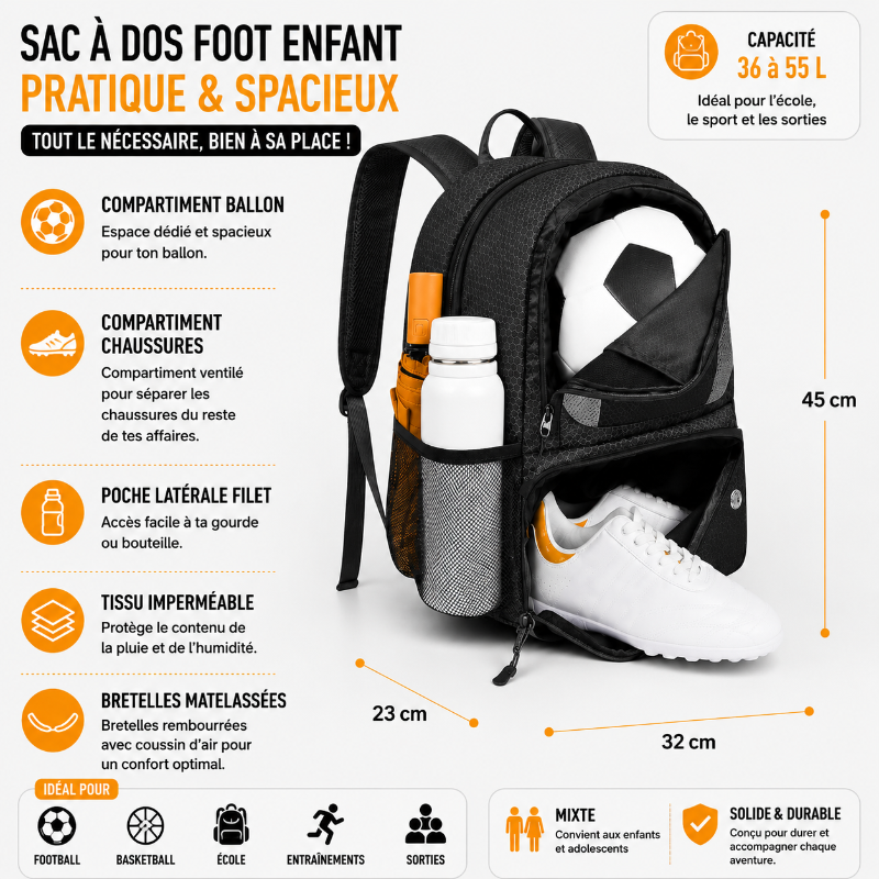 Dimensions et points clés du sac foot enfant noir avec compartiments séparés et grande capacité.