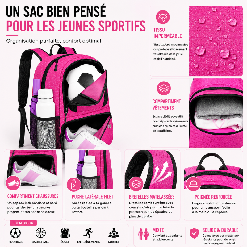  Détails du sac foot enfant rose avec compartiments séparés, tissu imperméable et bretelles confortables.