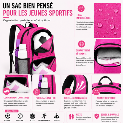  Détails du sac foot enfant rose avec compartiments séparés, tissu imperméable et bretelles confortables.