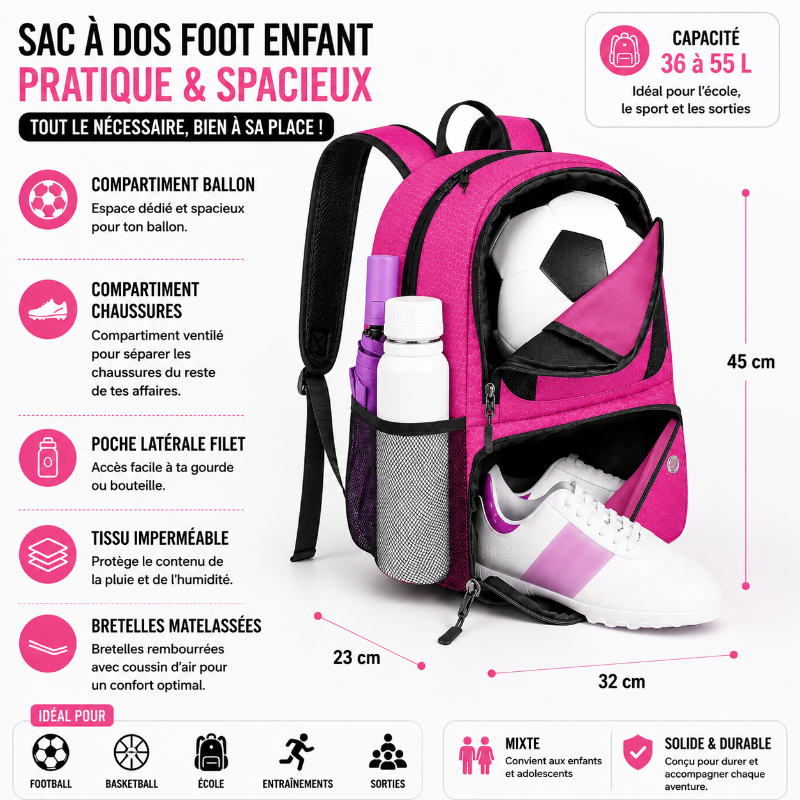 Dimensions et points clés du sac foot enfant rose avec compartiments séparés et grande capacité.